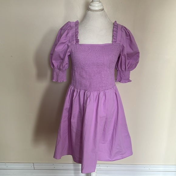 1.State Adorable Cotton Lilac Puff Sleeve Mini Dress with Smocked Bodice Size L - Picture 3 of 10